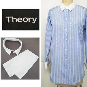 Theory Womens Button Down Shirt Blouse Removable Collar / Cuffs Blue Striped S